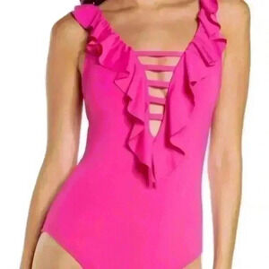 Bleu Rod Beattie Hot Pink Lattice Ruffle One Piece Swimsuit 20W